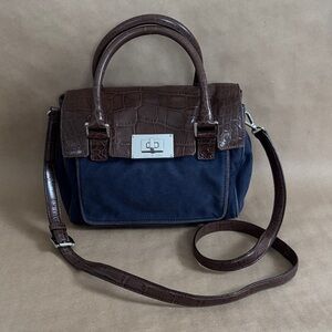 Michael Kors Navy Blue Canvas and Brown Croc-Embossed Leather Satchel Bag